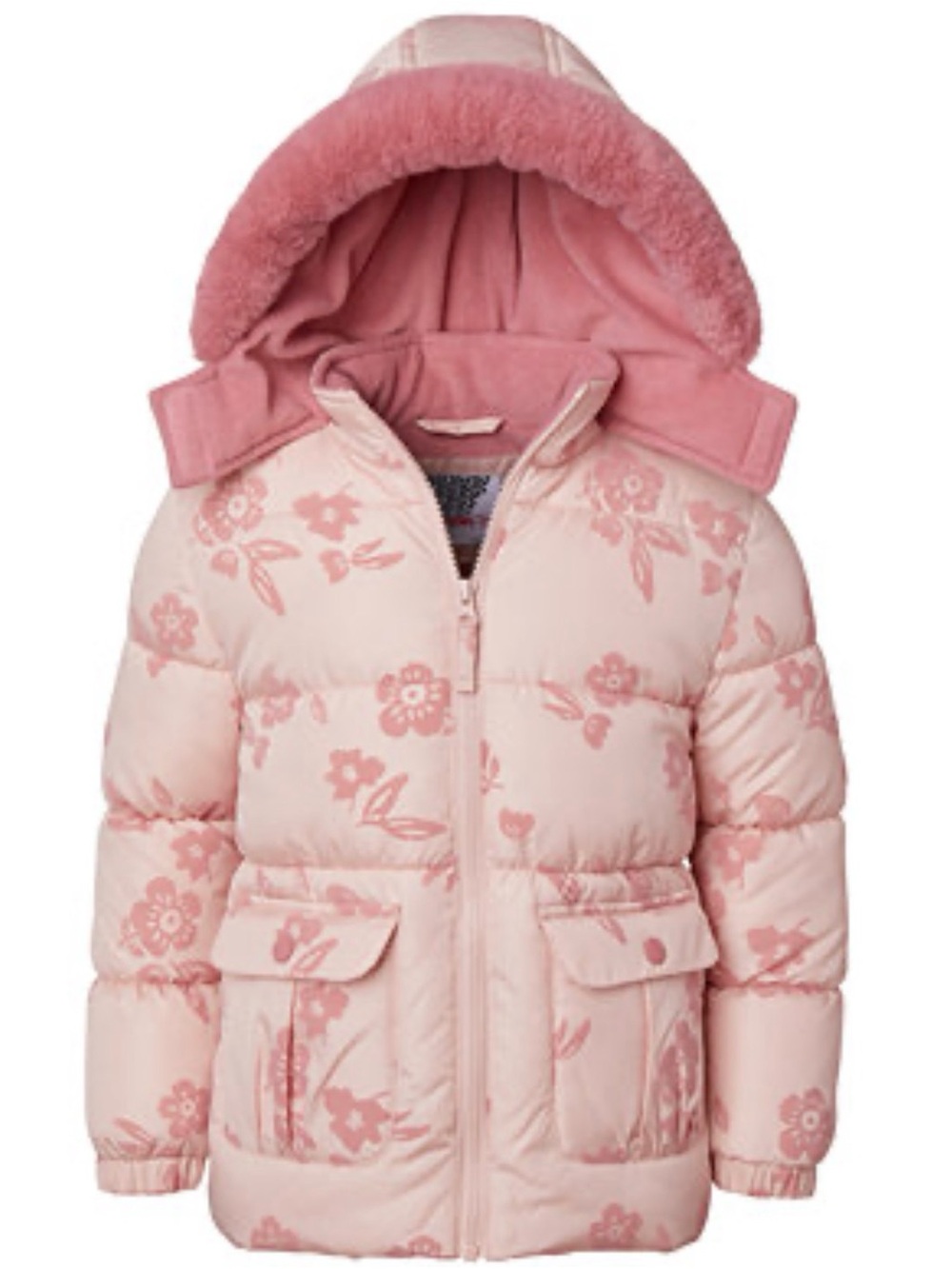 Kensie Girl Pink Floral Quilted Puffer Coat with Faux-Fur Hood